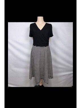 Gilli Black White V-Neck Faux Wrap Striped Fit & Flare Knee-Length Dress Size 2X